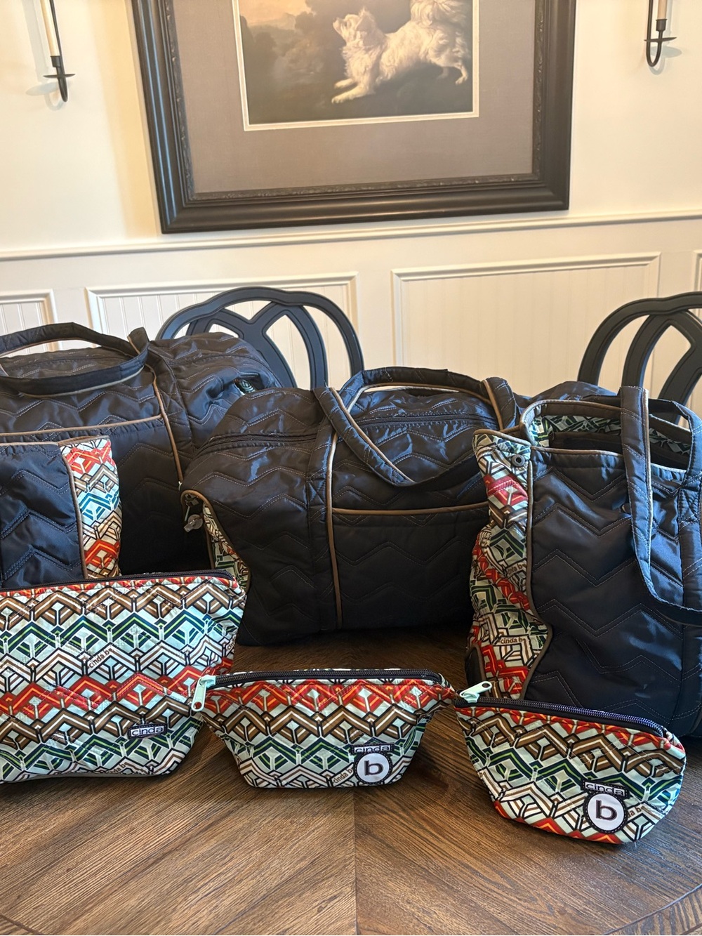 Cinda B Designer Black Quilted Travel Bag Set with Geometric Accent
